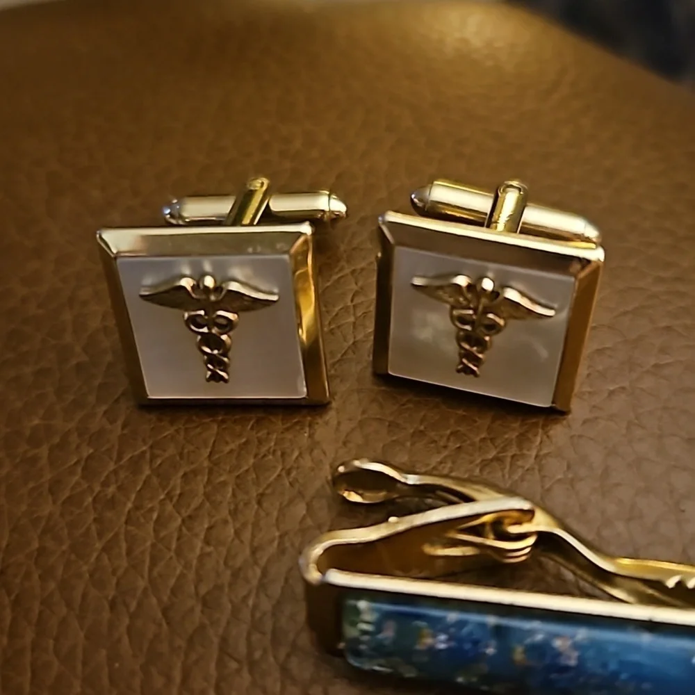 Vintage Goldtone MOP Caduceus Cufflinks and Blue Resin Tie Clip Set